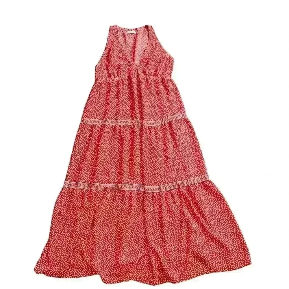 Max Studio Red Sleeveless Maxi Dress V-Neck Size M Bohemian Coastal Cowgirl